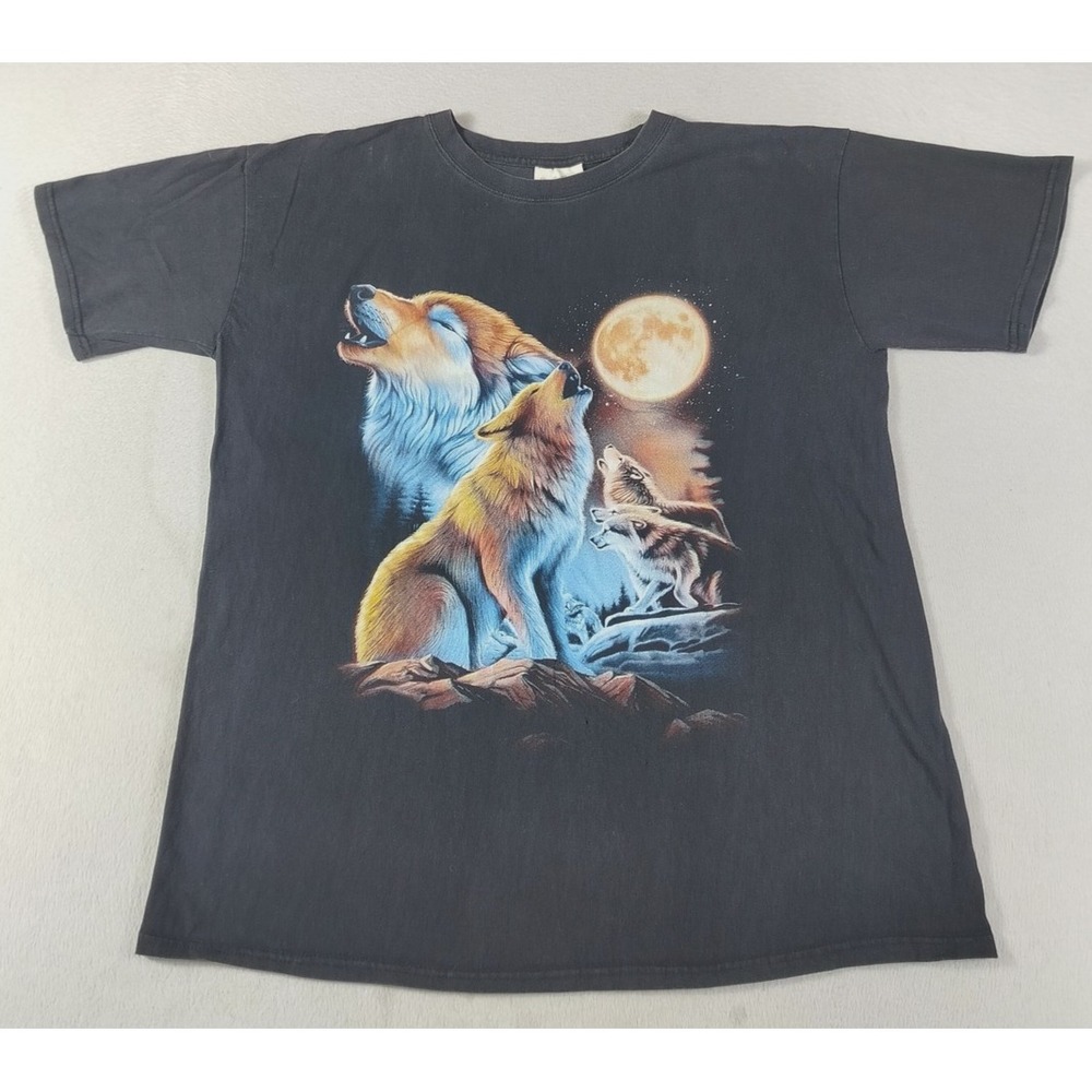 Rock Chang Mens Large Black Howling Wolf Moon Nature Outdoors Casual Graphic Tee